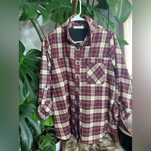 Faveur brand red, beige, and black plaid button-down